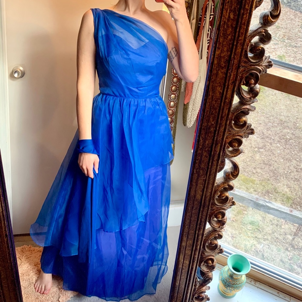 Saks Fifth Ave Blue Asymmetrical Shoulder Dress S